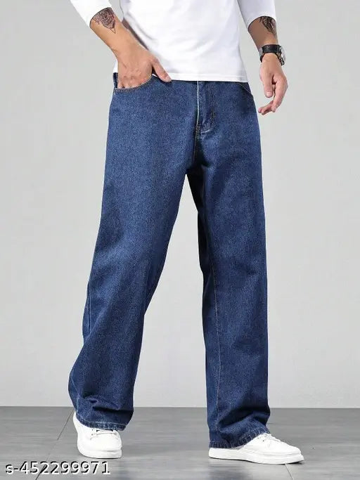Denim baggy jeans for men, solid color, loose fit, vintage-inspired, casual bottoms. Size: 28 (waist 28in, length 42in, hip 38in), also available in sizes 30, 32, and 34. Made in India