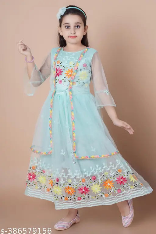 Green embellished net gown for kids, BAAQI KIDS/GIRLS GREEN, three-quarter sleeves, size 3-4 years