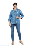 Embroidered denim jacket for women in three-quarter sleeves, feminine fit, collared, button down closure, functional pockets. Casual long sleeve denim jackets for year-round versatility