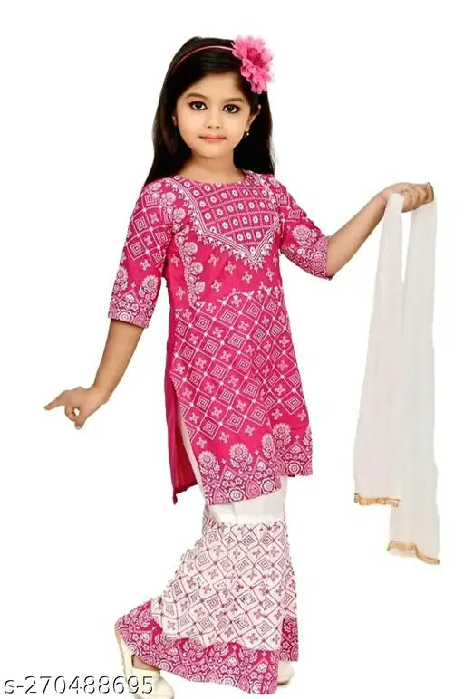 Pink Rayon girls' kurta & palazzo set with printed dupatta, ideal for ethnic wear and casual occasions