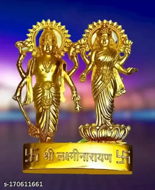 Graceful metal Laxmi-Narayan idols, Indian god figurines, intricately designed, 10cmx10cmx7cm