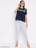 Navy Blue rayon embroidered yoke A-line top with short sleeves, perfect for any occasion