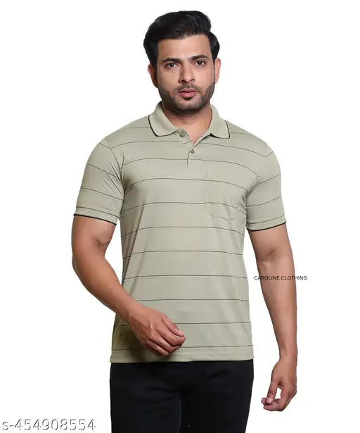 Striped cotton blend polo neck t-shirt for men, latest trending design, suitable for casual and semi-formal wear