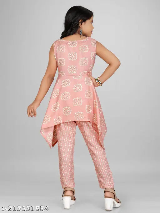 Printed rayon A-line kurta and trousers set for girls festive party, Indian ethnic wear