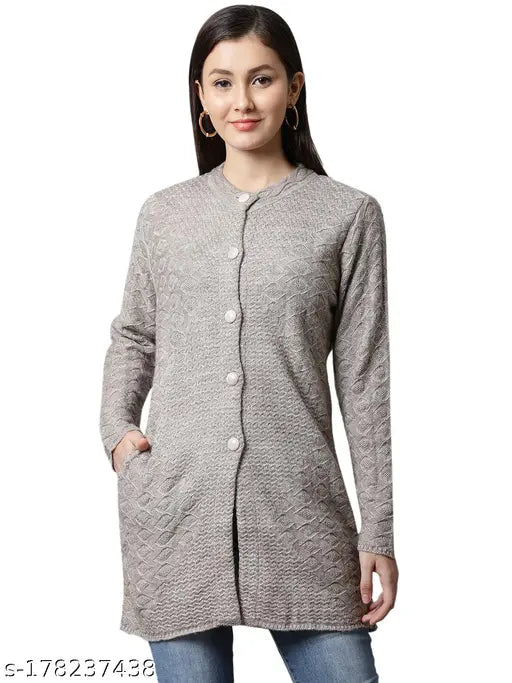 Beige acrylic embroidered net long sleeve sweater, Perfect Line women's winter wear, soft material for comfort and warmth
