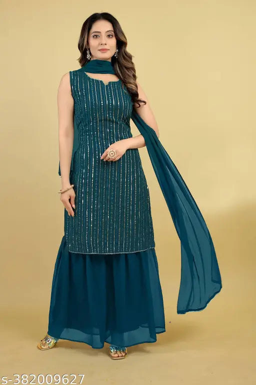 Teal embellished kurta with matching pallu, chiffon fabric