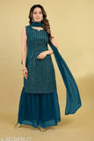 Teal embellished kurta with matching pallu, chiffon fabric