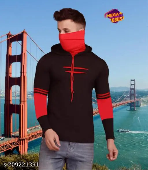 Trending men's polycotton colorblock hoodie T-shirt, ideal for streetwear partywear with mask hood, long sleeves, S-XL sizes (India origin)