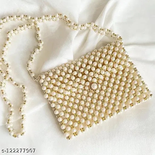 Luxury white pearl crossbody bag with beaded embellishments and shoulder strap, evening purse