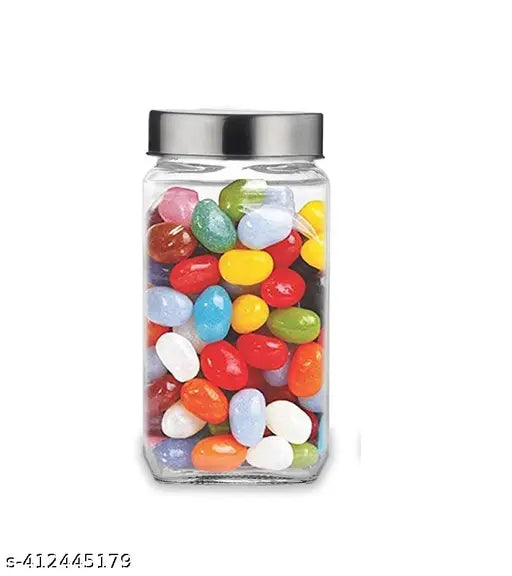 Clear glass kitchen pantry jars, airtight for dry fruits, coffee beans, honey, pickles storage. Set of 6 cube jars with stainless steel lids, ideal for Indian masala and snacks