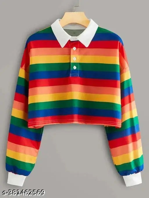 Rainbow striped polyester long sleeve t-shirt, vibrant and sophisticated, perfect for casual or polished styles