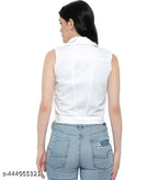White denim sleeveless collar neck women's regular jacket, solid pattern by New Classics Enterprises, India