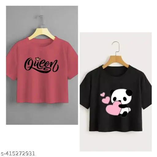 Cotton blend printed crop top t-shirt for ladies and girls, short sleeves, sizes S-XL