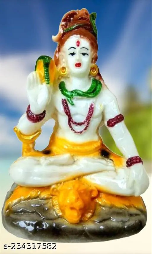 Mahadev resin statue of Lord Shankara, adorned with green beads, seated on a pedestal, car dash board decorative