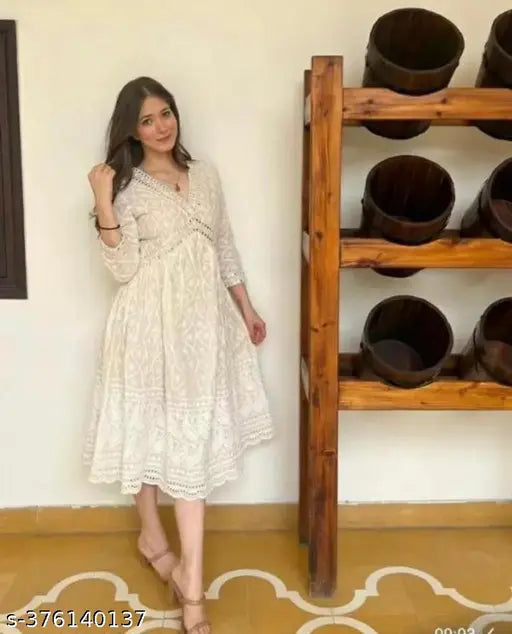 Rayon Alia Cut Chikankari kurta with printed combos, three-quarter sleeves for women and girls, Indian fashion wear on mannequin