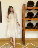 Rayon Alia Cut Chikankari kurta with printed combos, three-quarter sleeves for women and girls, Indian fashion wear on mannequin