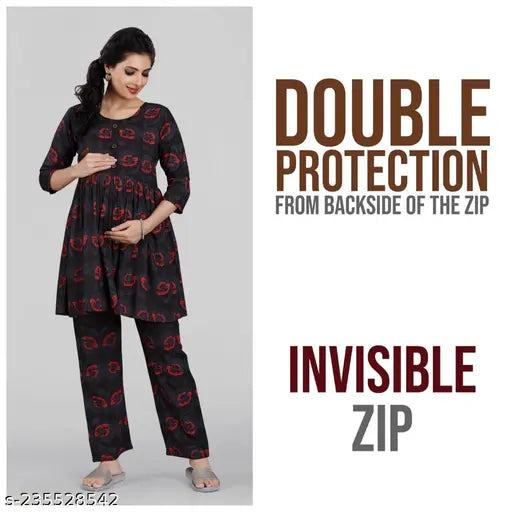 Rayon feeding maternity night suit for women and girls (top & bottom), printed net design, relaxing sleepwear, made in India