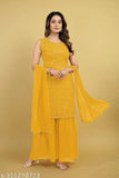 Yellow faux georgette with embroidery seque kameez and sharara set with dupatta stitched, women's party wear