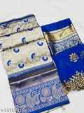 Blue striped semi-stitched Art Silk lehenga with Acrylic dupatta, adorned with zari work, three-quarter sleeves, self-design top, jacquard lehenga pattern, unstitched net. Traditional Indian bridal wear on display