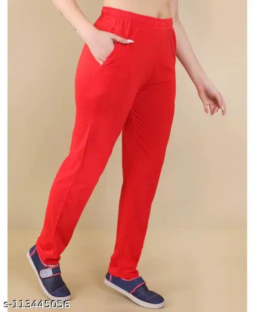 Red cotton high waist lounge pants women's comfortable gym wear