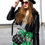 Elegant women slingbag, black leather, silver chain