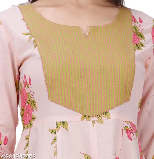 Embroidered floral printed cotton kurta for women, three-quarter sleeves, vibrant Indian design, sizes M to XXL