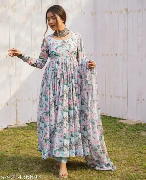 Modern blue georgette Anarkali Kurta, printed, comfortable daily wear for girls