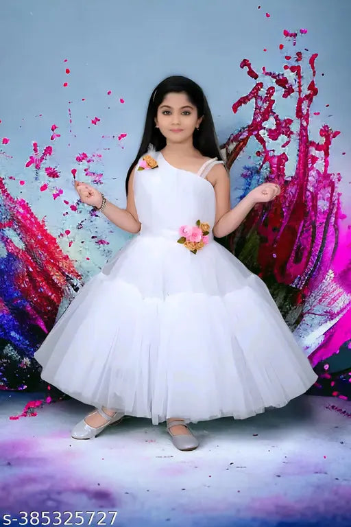 White net kid's gown for girls, perfect for casual western wear and special occasions. Indian-made, knee-length dress with back zipper closure