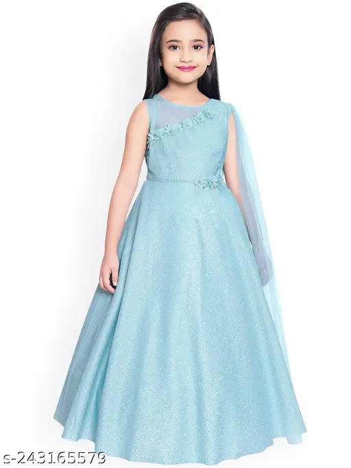 Silk blend girls maxi dress - Firozi, printed net, sleeveless party wear for kids aged 4-14 years, India origin