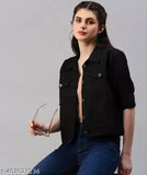 Women's regular long sleeves denim black jacket, solid pattern, size M (36in bust, 19in length), made in India