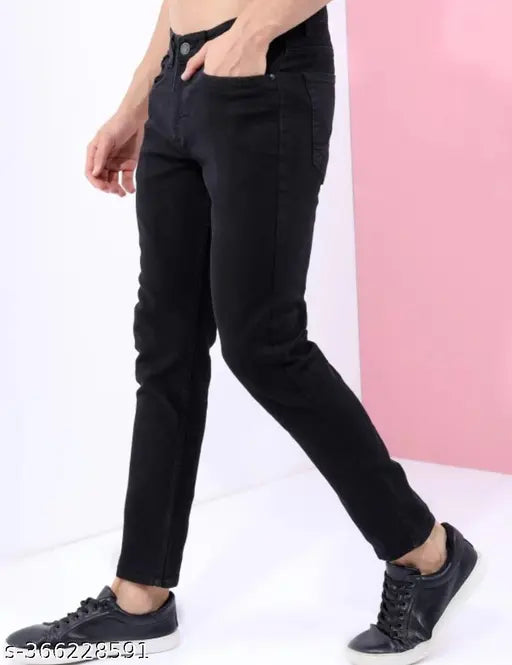 MOD Men Plain Black Jeans U23HD - Solid cotton blend black jeans for men, size 28/30/32/34/36 with 41" length and varying hip sizes