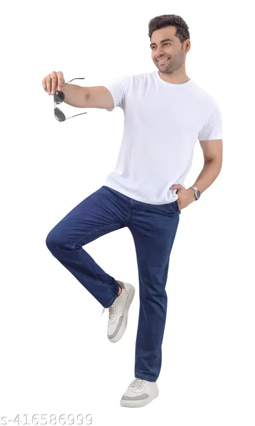 Navyblue stretchable denim jeans for men, featuring a unique, trendy style with cross pockets, mid-rise fit, lightly washed finish, and zip fly. Includes two scoop pockets on the front, belt loops, curved back pockets with brand patch, and a relaxed fit from Moudlin. Dark blue jeans, size 28 (Waist 28in, Length 41in, Hip 33in), Made in India
