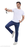 Navy blue men's jeans with elastic waistband and zip fly