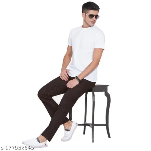 Brown cotton blend men's jeans, straight fit, solid coffee color on hanger