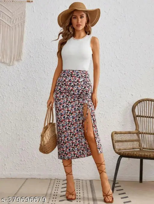 Black midi skirt with slit design and tie waistband