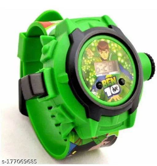 A digital wristwatch designed for children, with a projector feature and a vibrant green and black color scheme