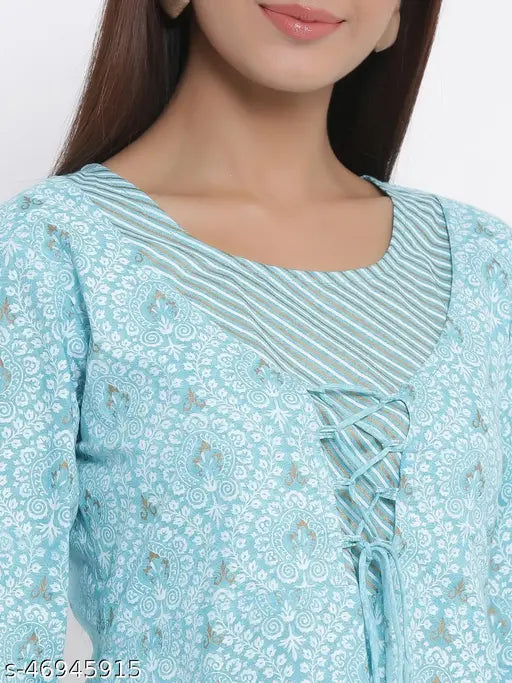 Light blue printed cotton Anarkali dress with three-quarter sleeves, Kipek women's ethnic wear - Indian origin