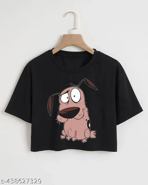 Black cotton blend women's crop top with puppy print, stylish and fun design for S-XL sizes