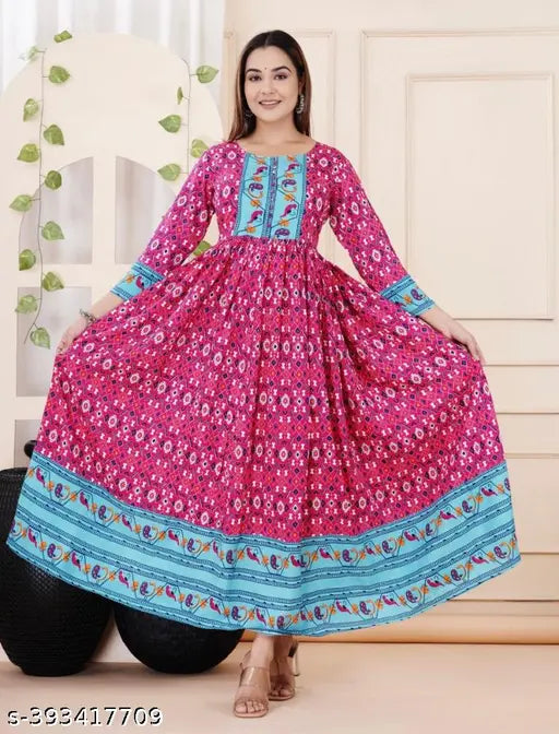 Pink blue Anarkali viscose rayon dress, three-quarter sleeves, printed combo pattern, XL, Indian origin
