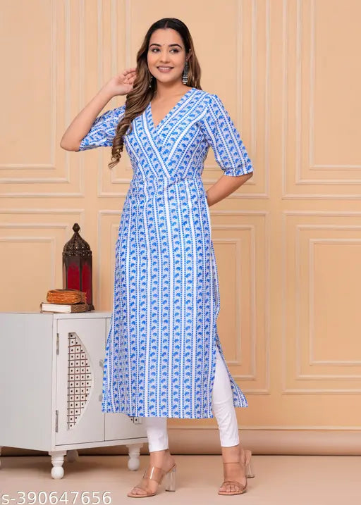 Women's cotton long kurta with light blue paisley print