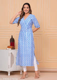 Women's cotton long kurta with light blue paisley print