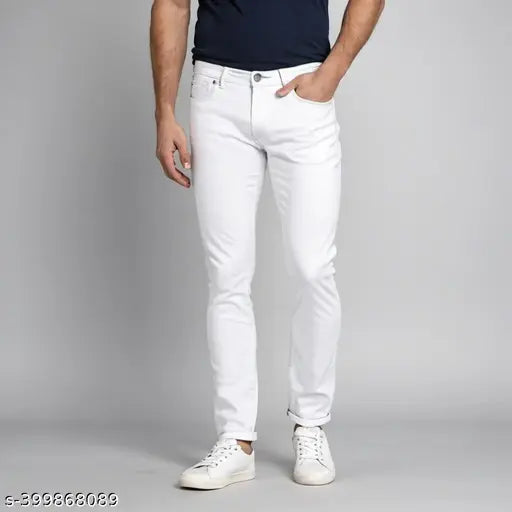 White denim men's jeans, solid pattern, Monk Jeans by Shriradhe Enterprises. Fits perfectly for occasions, sizes 28, 30, and 32. Made in India