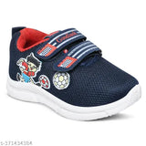 Navy blue sports shoe with white laces and a red, yellow, and white sock