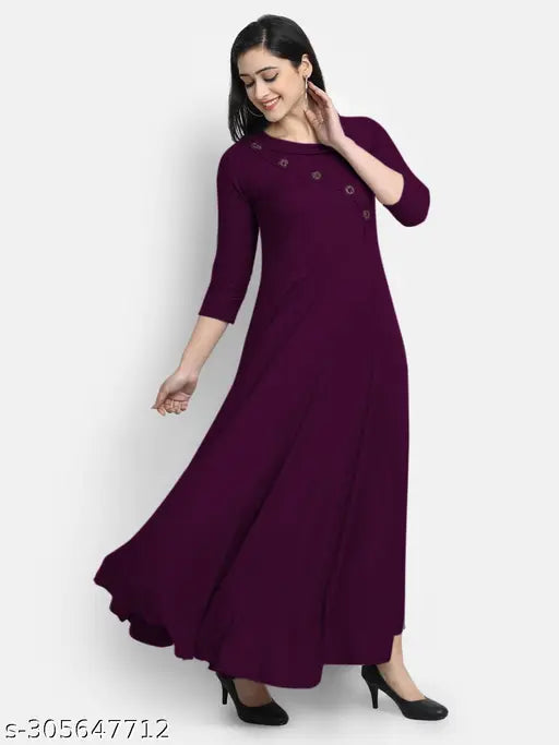 Women's solid heavy rayon flared gown, three-quarter sleeves, single-colored, quality Indian-made fashion for women