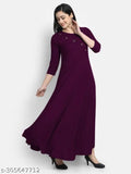 Women's solid heavy rayon flared gown, three-quarter sleeves, single-colored, quality Indian-made fashion for women