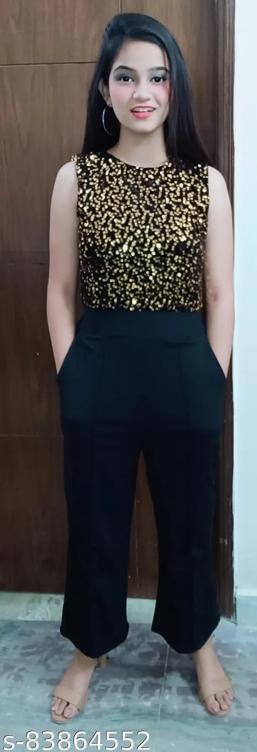 Gold and black cotton blend sleeveless sequin jumpsuit for women, perfect for parties or casual wear