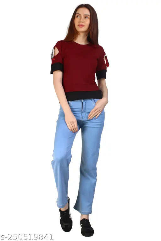 Maroon cotton oversized loose hip hop T-shirt for women and girls, trendy urban chic half sleeve tee in solid style