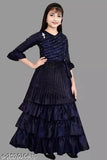 Navy Blue Silk Embellished Net Partywear Gown for Girls, Size 3-12 years