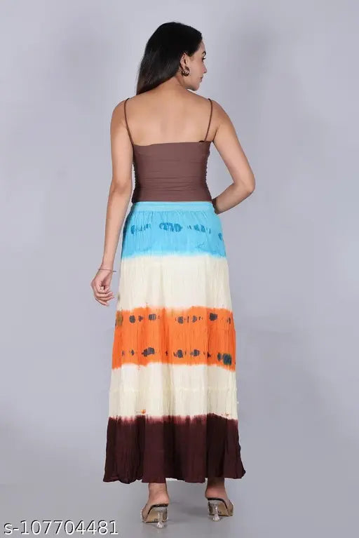 Orange multicolor tie-dye women's cotton maxi flared skirt for partywear or daily use, printed pattern on length 38 inches, sizes available from 26 to 34 (India)