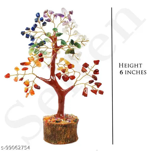 Swara Agate 100 Beads 7 Chakra Vastu Crystal Stone Tree, handmade from original unshaped precious stones. Improves intellect, creativity, self-respect, enhances balance, and removes fear. Exquisite home decor for offices or homes. Made in India